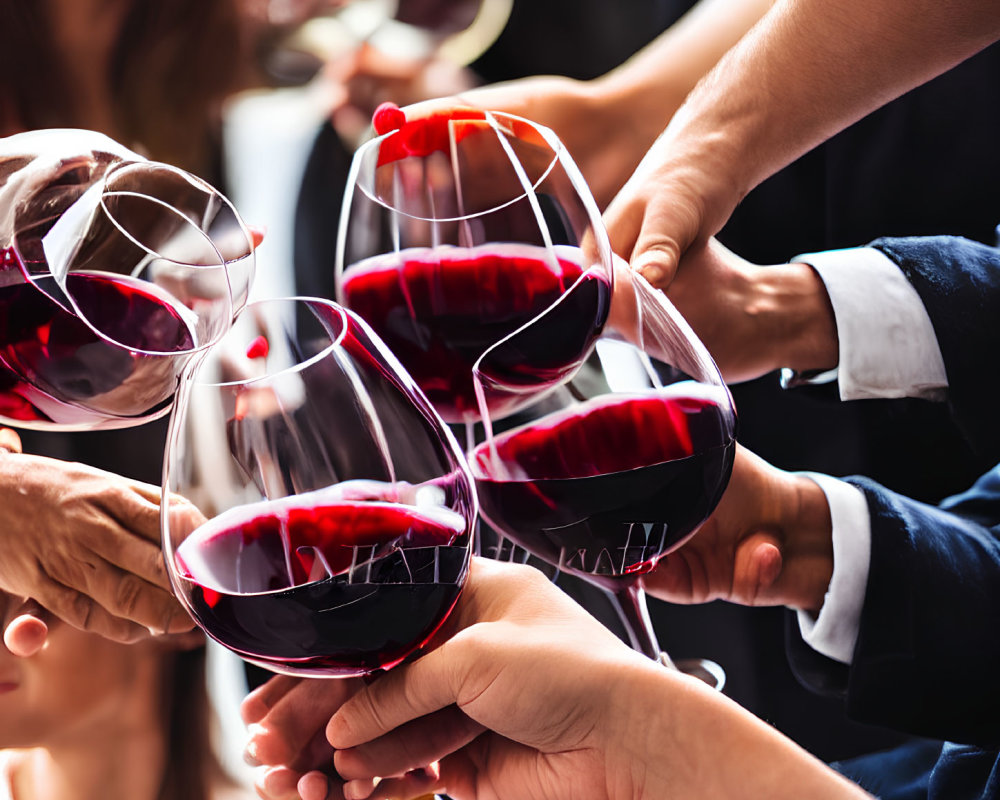 Group of People Clinking Red Wine Glasses in Social Setting