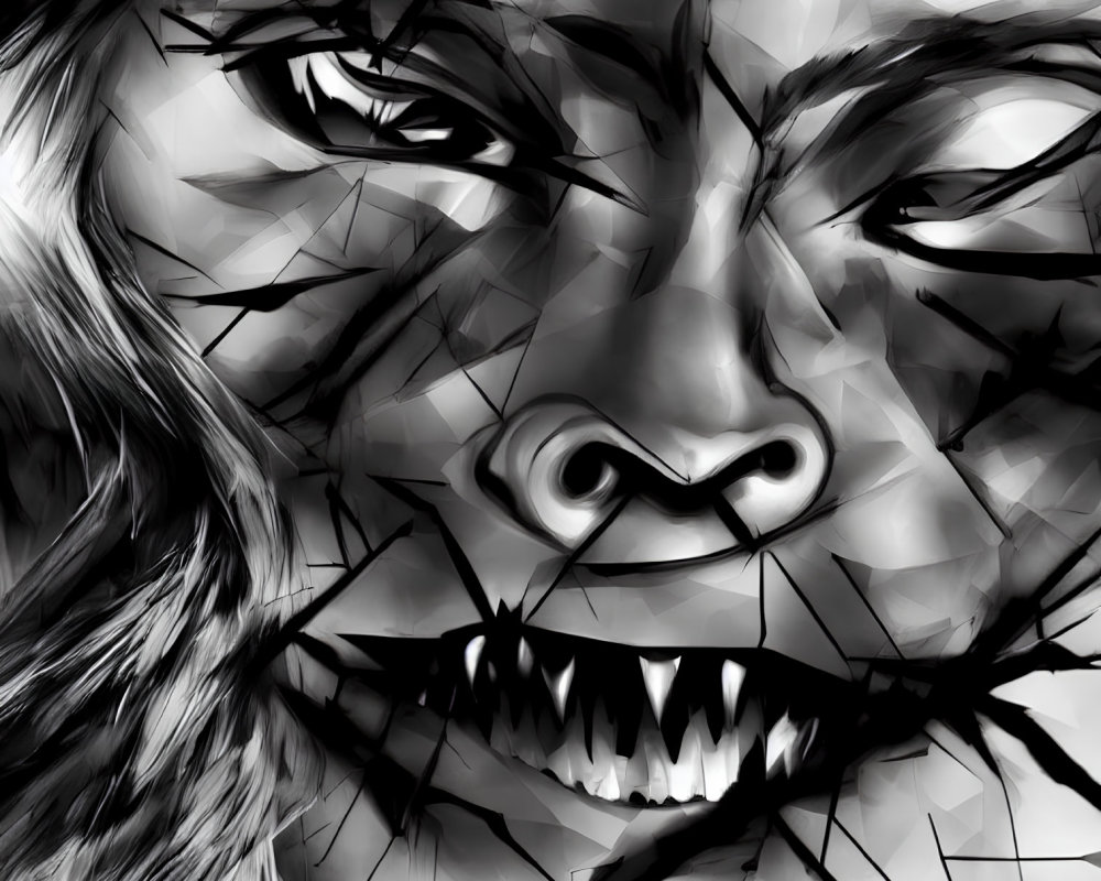 Dramatic monochromatic close-up of intense snarling face