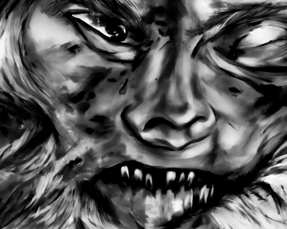 Monochrome illustration of fierce, snarling face with menacing eyes and sharp teeth