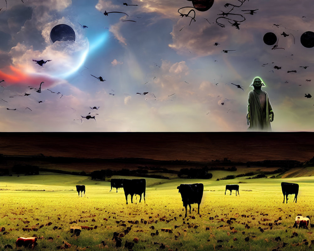 Surreal landscape with grazing cows, giant cloaked figure, and celestial sky