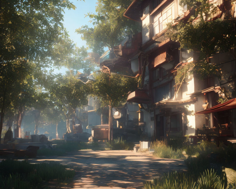 Traditional wooden buildings on cobblestone street with lush trees in hazy sunlight