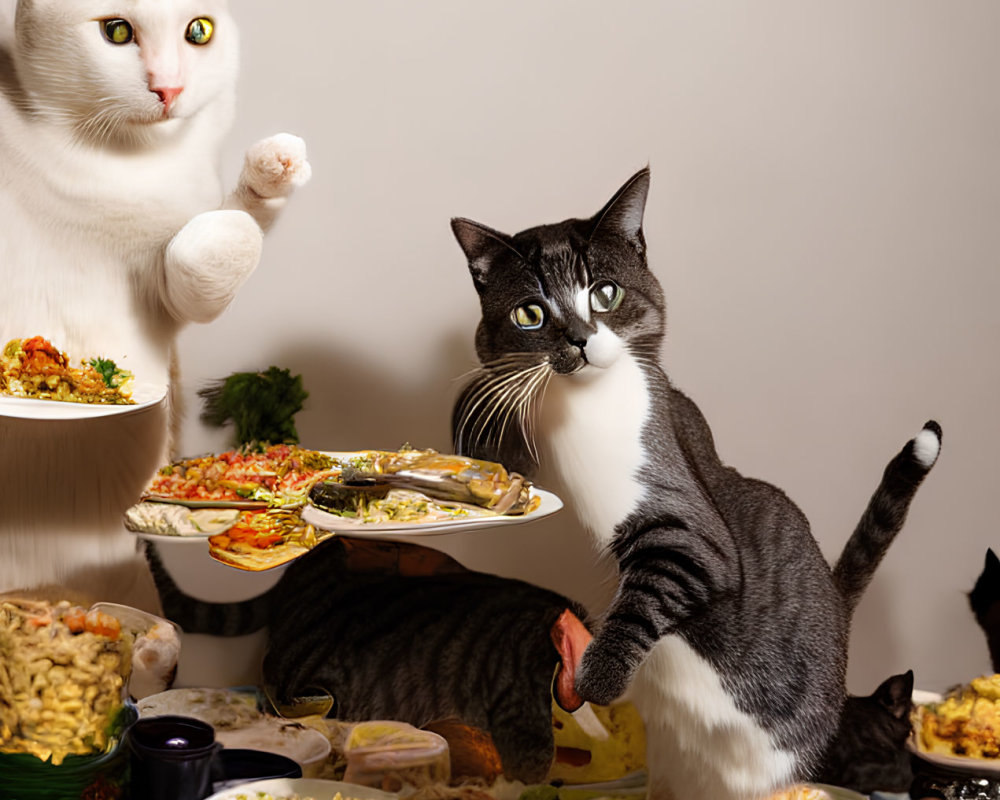 Cats in human-like postures dining at a whimsical feast