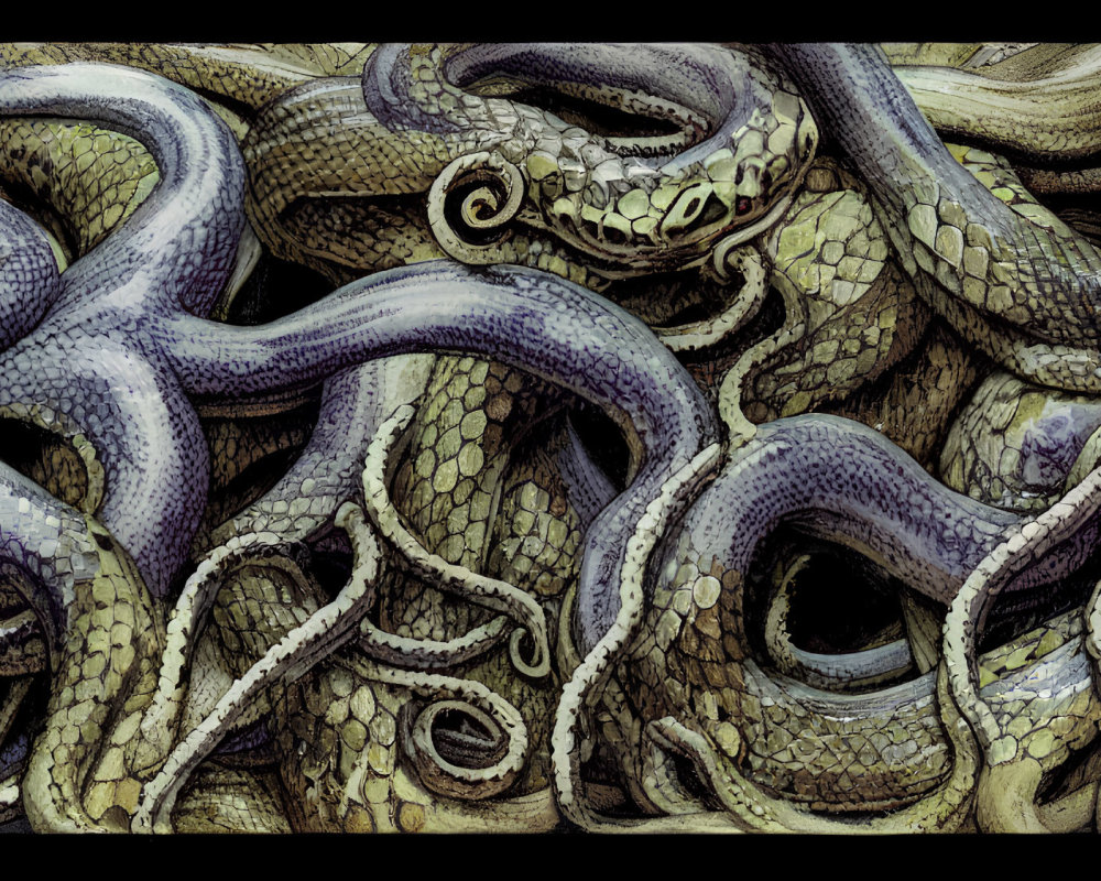 Intricate Artwork of Entwined Serpents and Tentacles in Purple and Beige