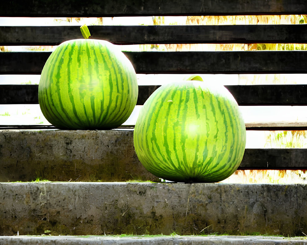 Ripe watermelons on outdoor concrete steps under sunlight.