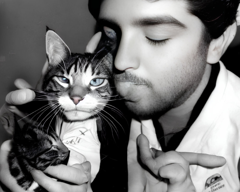 Person affectionately kissing large cat with smaller kitten in hand against grayscale backdrop