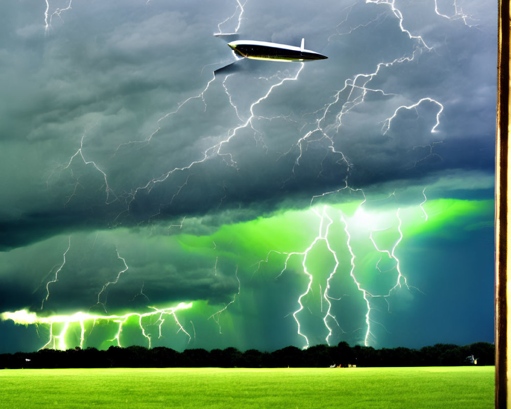 Glider flying amidst lightning strikes and storm clouds in greenish hue