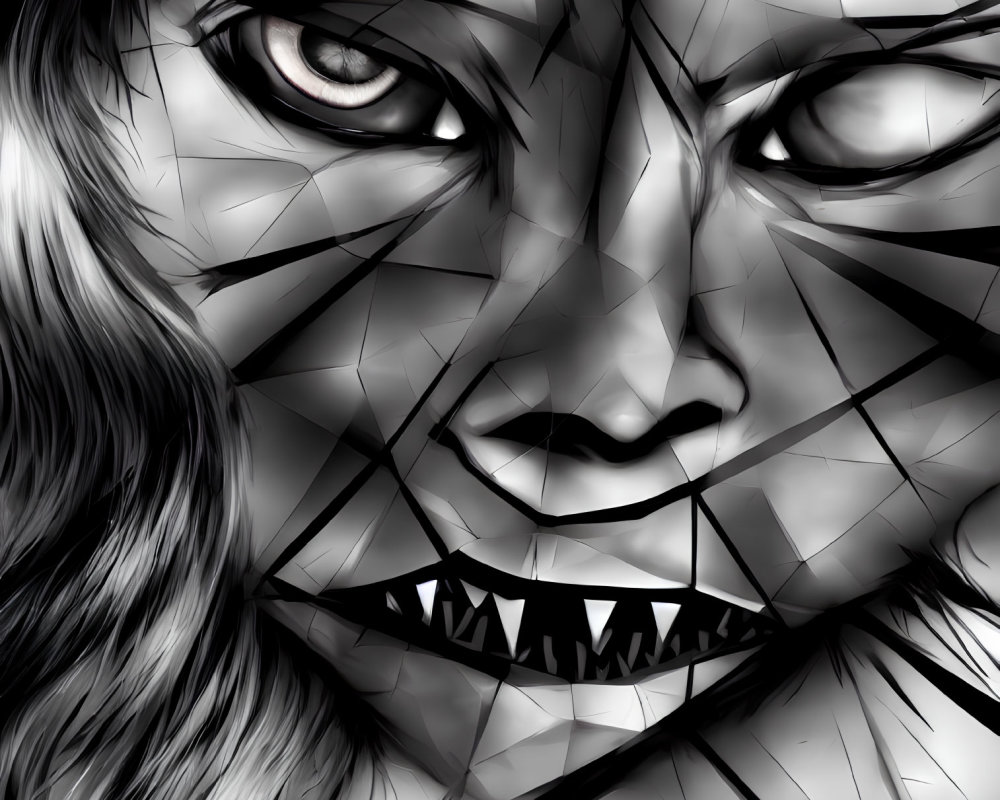 Monochrome digital artwork of fragmented feline face with sharp teeth and intense eyes.