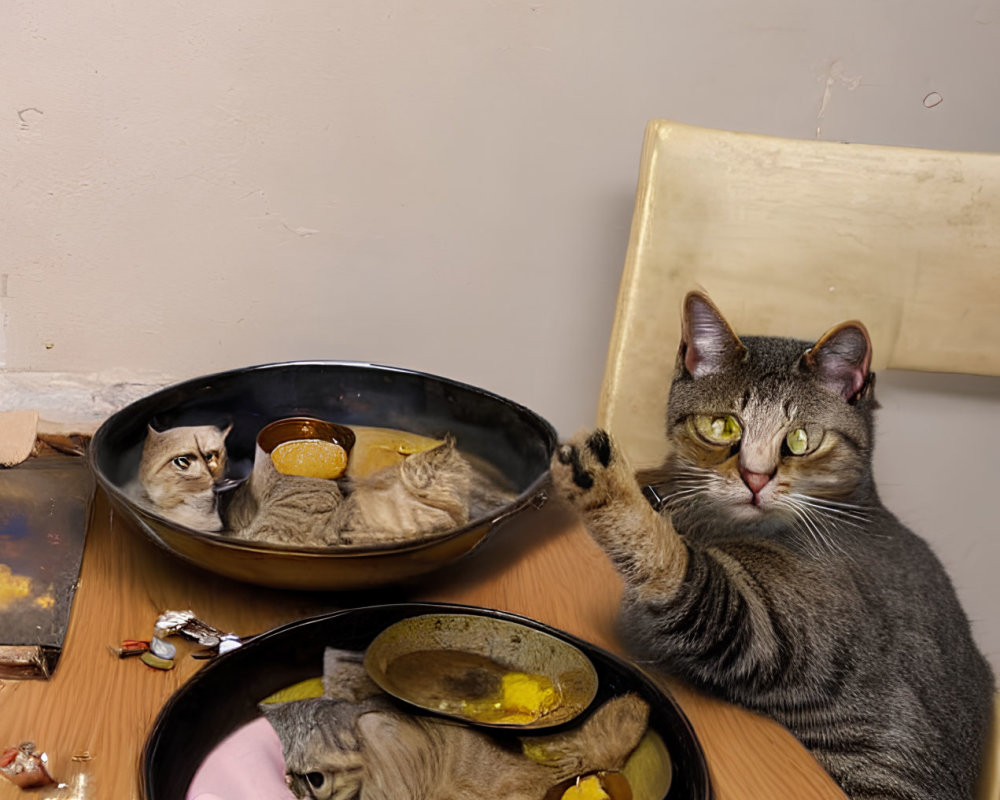 Grey Cat with Comically Edited Plates on Table