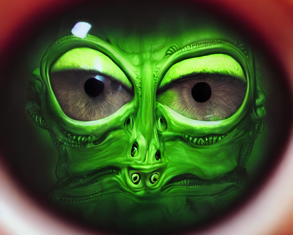 Detailed Close-Up of Green Alien Mask with Large Black Eyes in Circular Frame