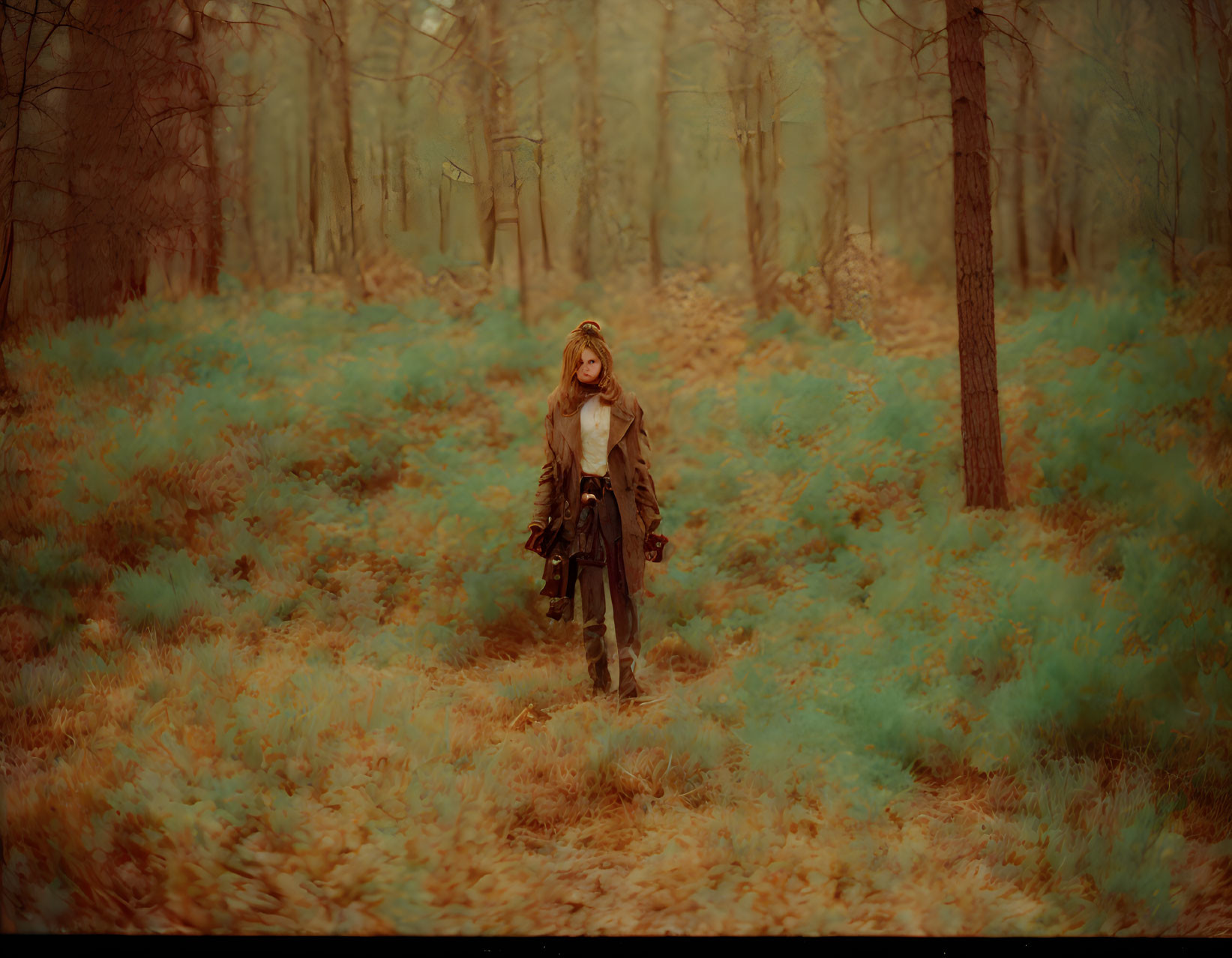 Person in Coat Standing in Autumn Woodland with Orange and Teal Colors