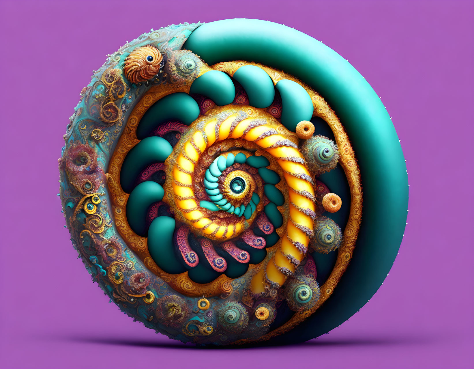 Colorful 3D fractal nautilus in turquoise and orange on purple background