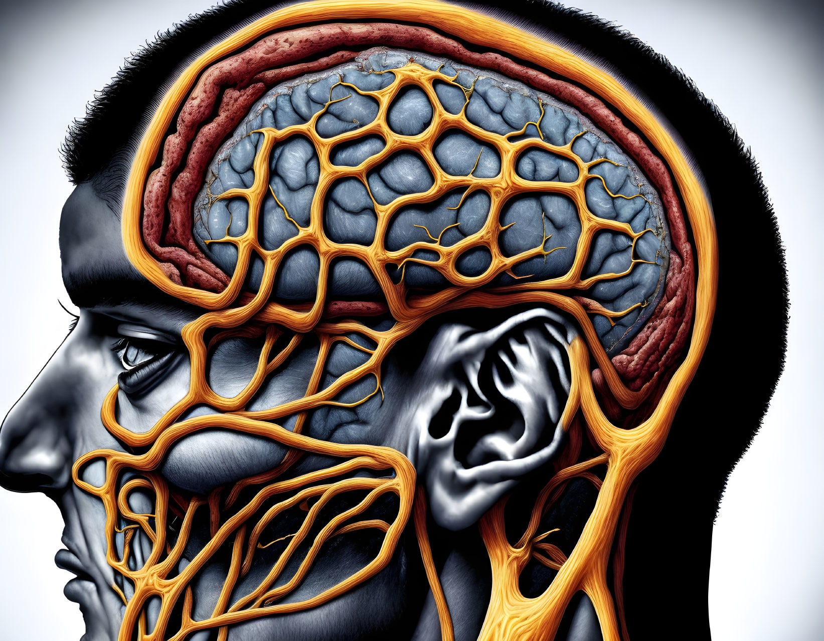 Detailed Human Head Profile Cutaway Showing Brain and Neurons