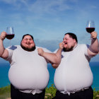 Cheerful individuals clinking oversized wine glasses by the sea