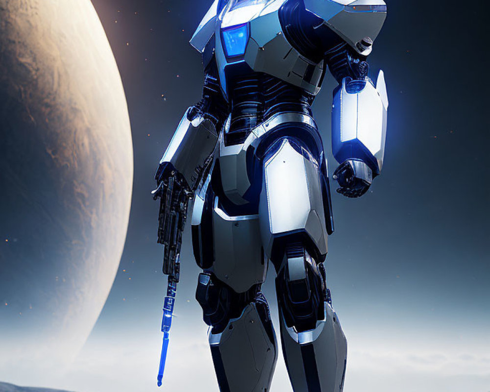 Futuristic blue and white robot on barren moon-like surface with large planet.