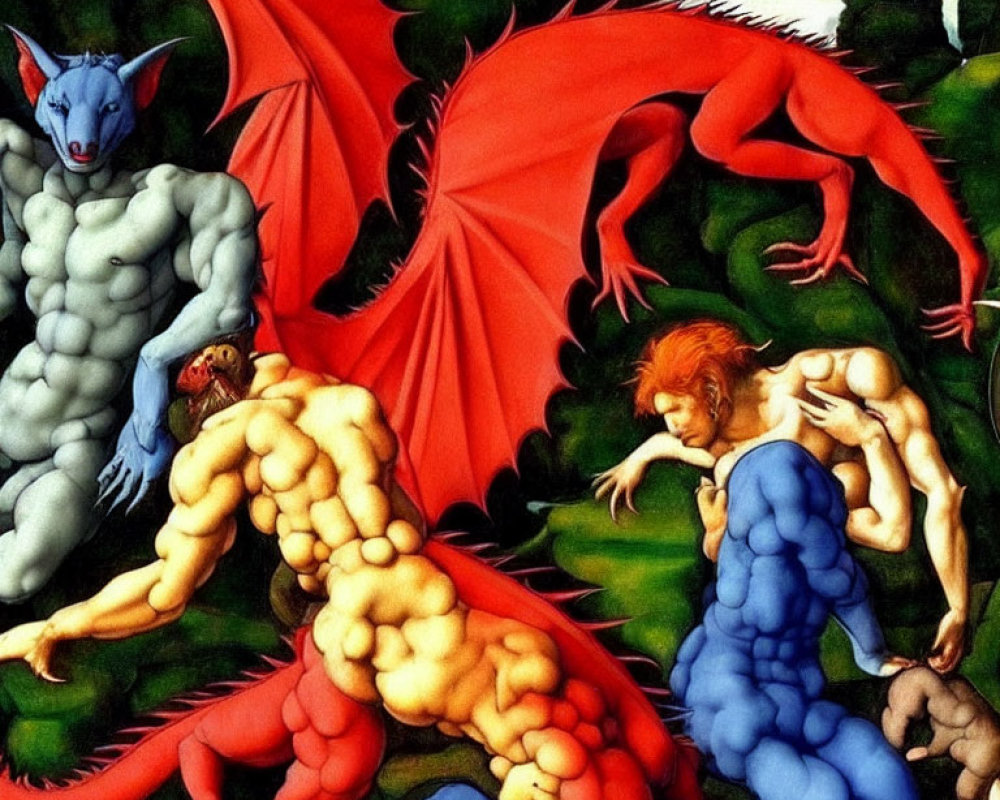 Colorful painting of muscular humanoids with red dragon