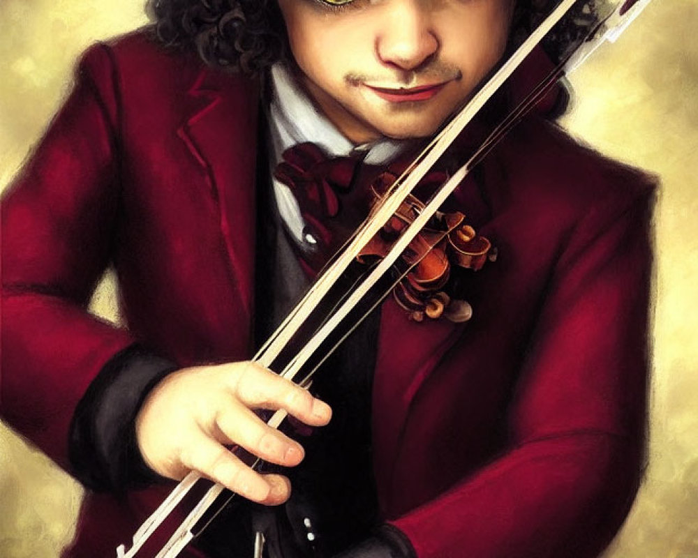 Illustration of person with curly hair, green eyes, holding violin in red suit and hat