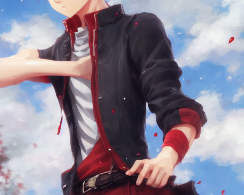 Digital illustration: Young individual with red hair and black jacket in front of blue sky with red petals.