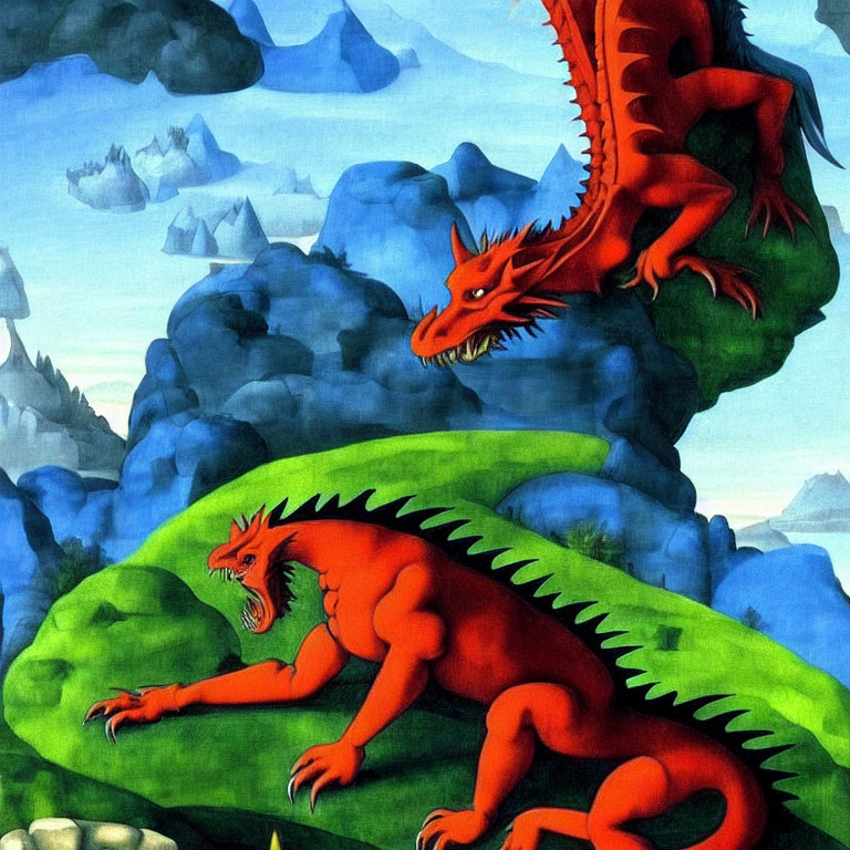 Red Dragons Perched on Green Foliage with Blue Mountains Sky