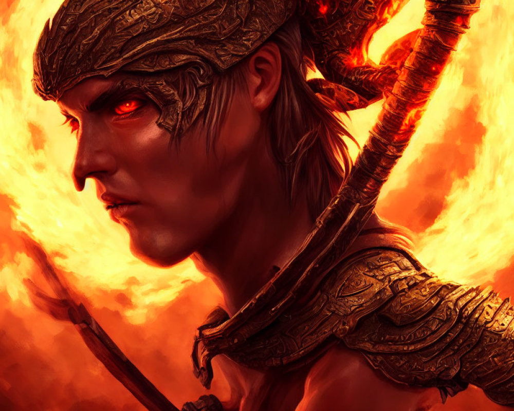 Warrior in ornate armor with spear against fiery backdrop