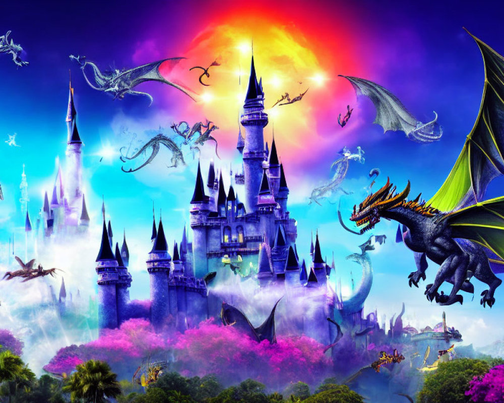 Majestic castle and dragons in vibrant fantasy landscape