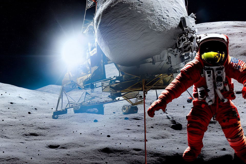 Astronaut in red and white suit on moon with Earth backdrop