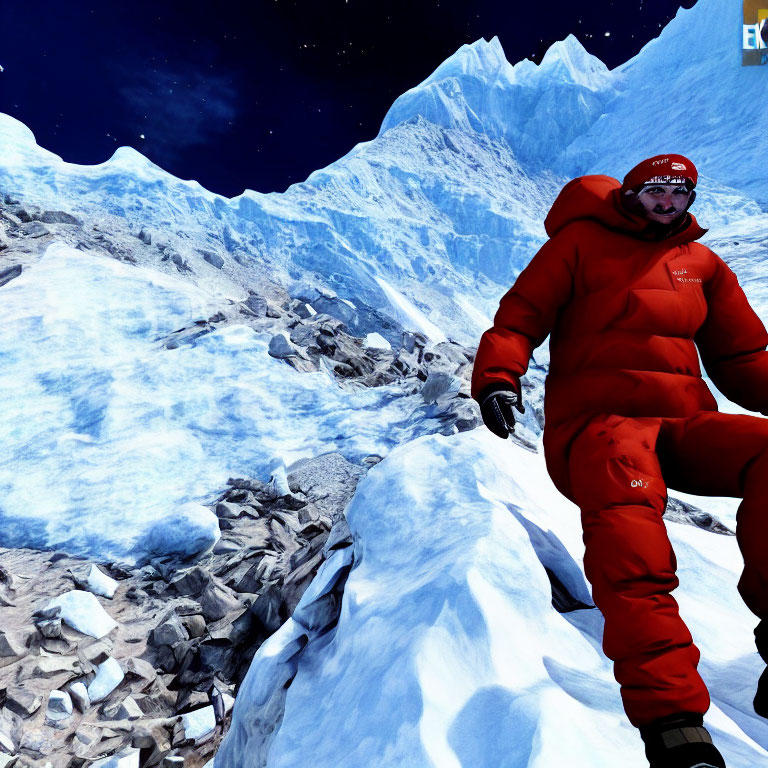 Person in red winter gear climbing snowy mountain under clear blue skies.