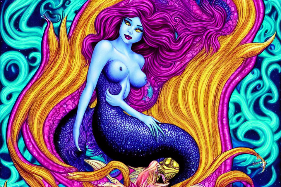 Colorful Mermaid Illustration with Pink Hair and Blue Tail