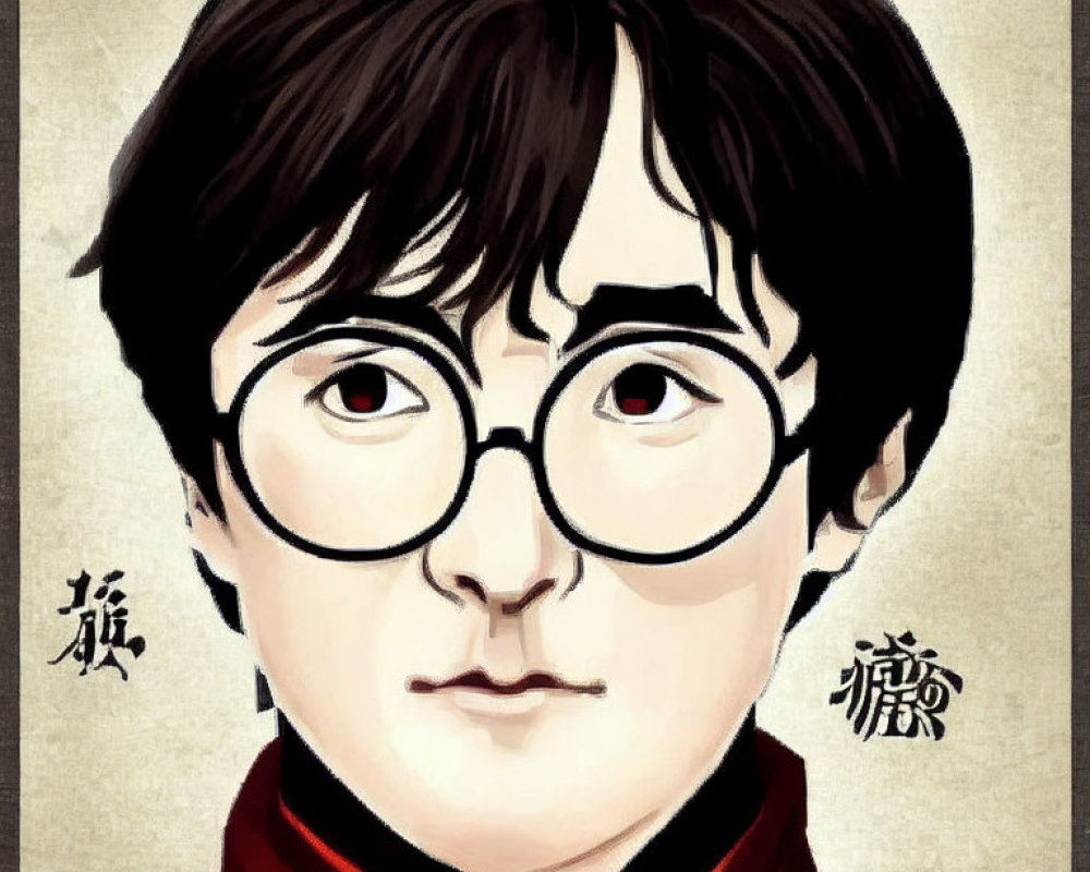 Illustrated portrait of young man with round glasses, messy hair, red and black scarf