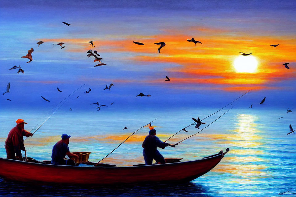 Three People Fishing on Boat at Sunset with Colorful Sky and Birds Flying