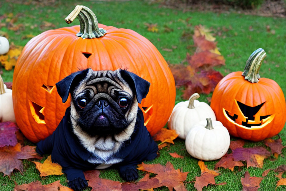 Pug dog in black outfit with head in carved pumpkin among autumn leaves