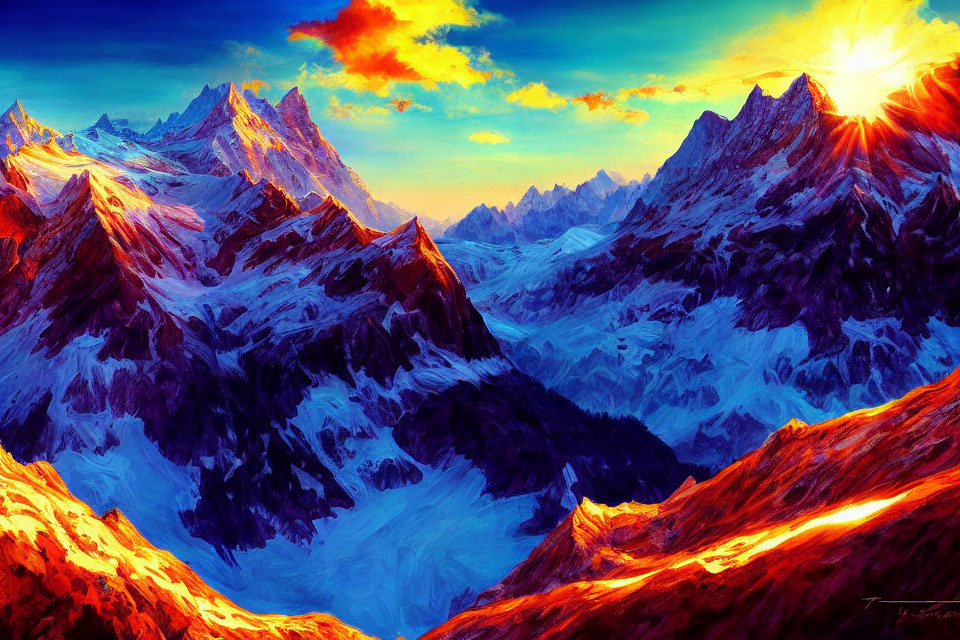 Colorful digital artwork: Mountain range at sunrise with fiery clouds