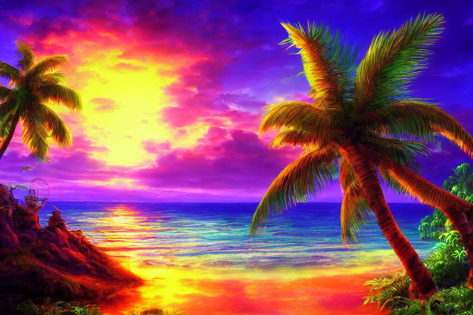 Tropical beach sunset with palm trees and colorful sky