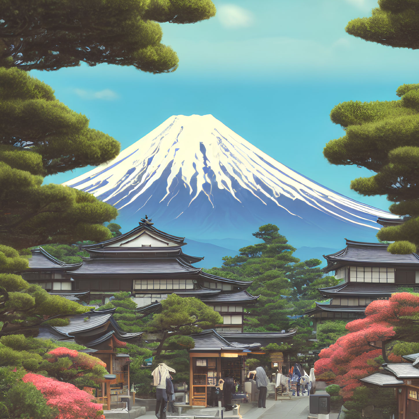 Traditional Japanese architecture with Mount Fuji view and lush greenery