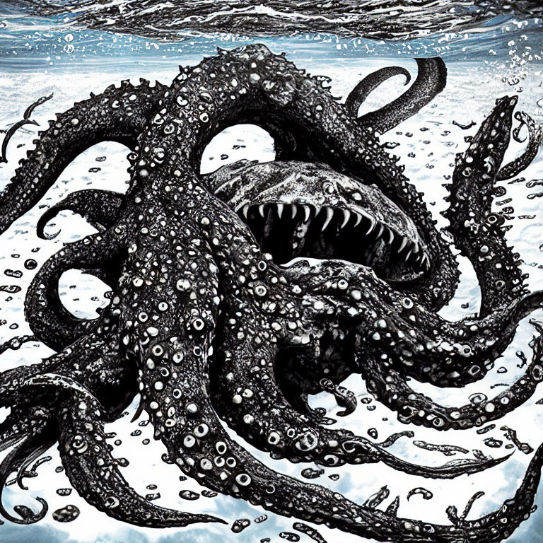 Gigantic octopus with menacing presence in ocean scene