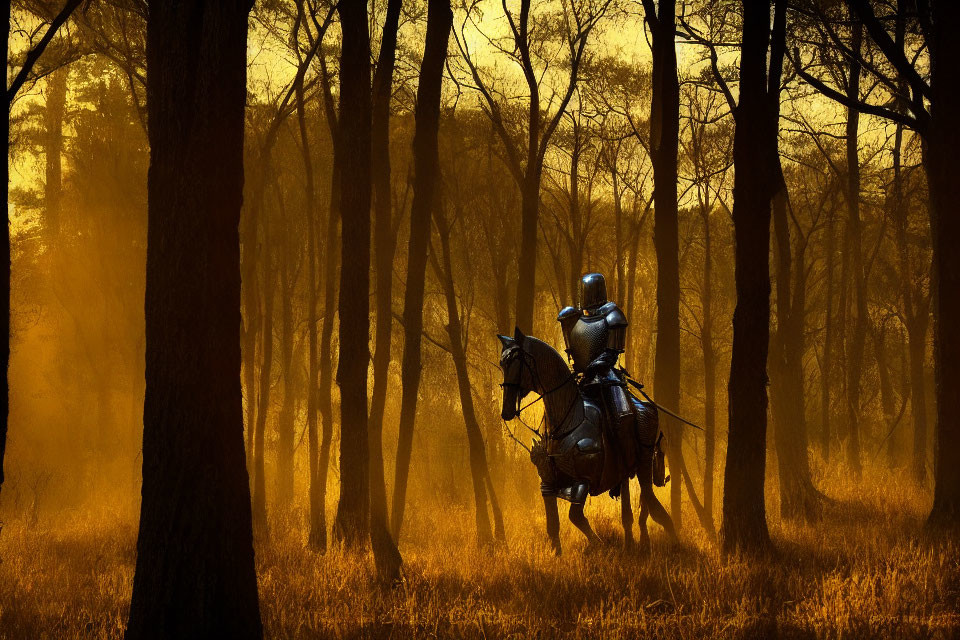 Knight in full armor riding horse through sunlit, misty forest