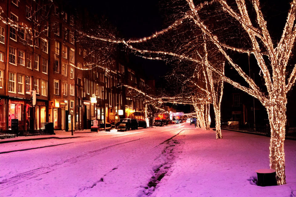 Snowy Night Street Scene with Twinkling Lights and Festive Ambiance