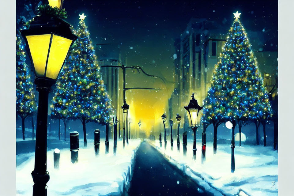 Snowy City Night Scene: Illuminated Street Lamps and Decorated Trees