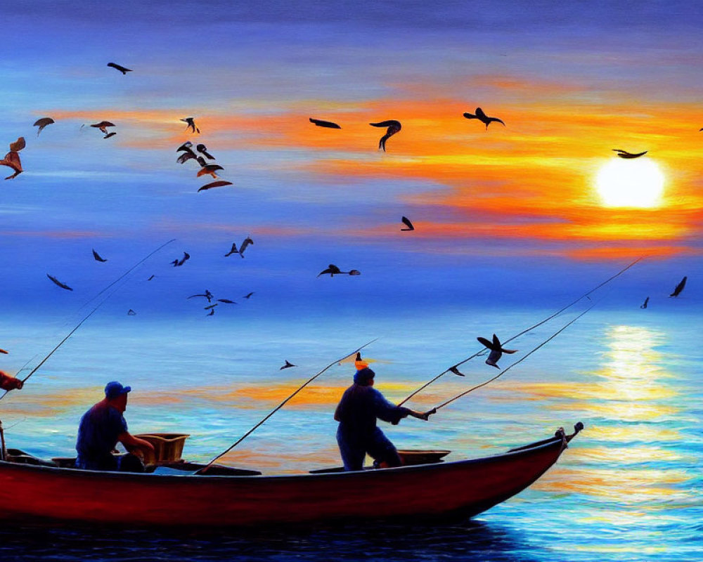 Three People Fishing on Boat at Sunset with Colorful Sky and Birds Flying