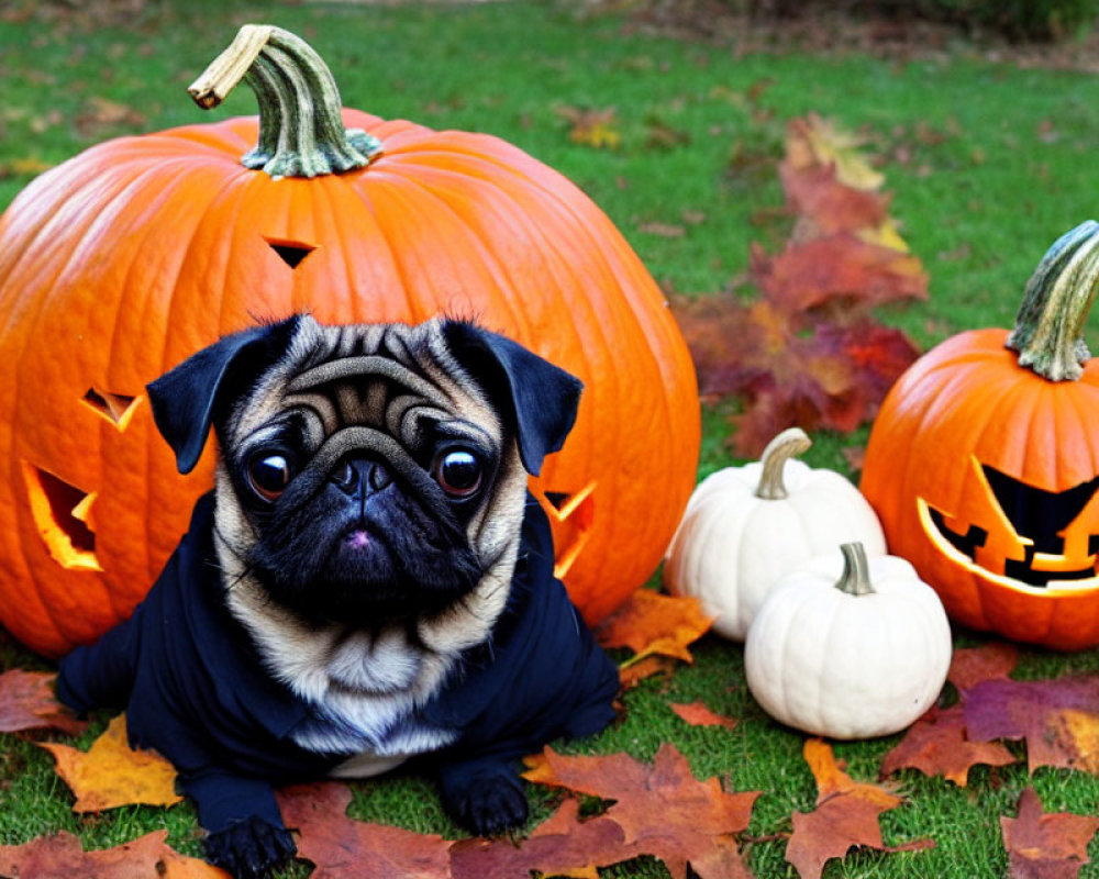 Pug dog in black outfit with head in carved pumpkin among autumn leaves