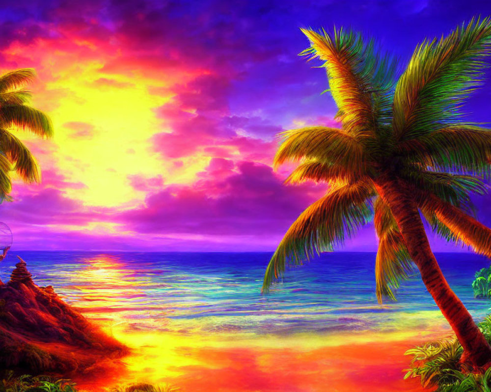 Tropical beach sunset with palm trees and colorful sky