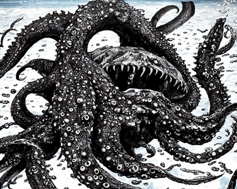 Gigantic octopus with menacing presence in ocean scene