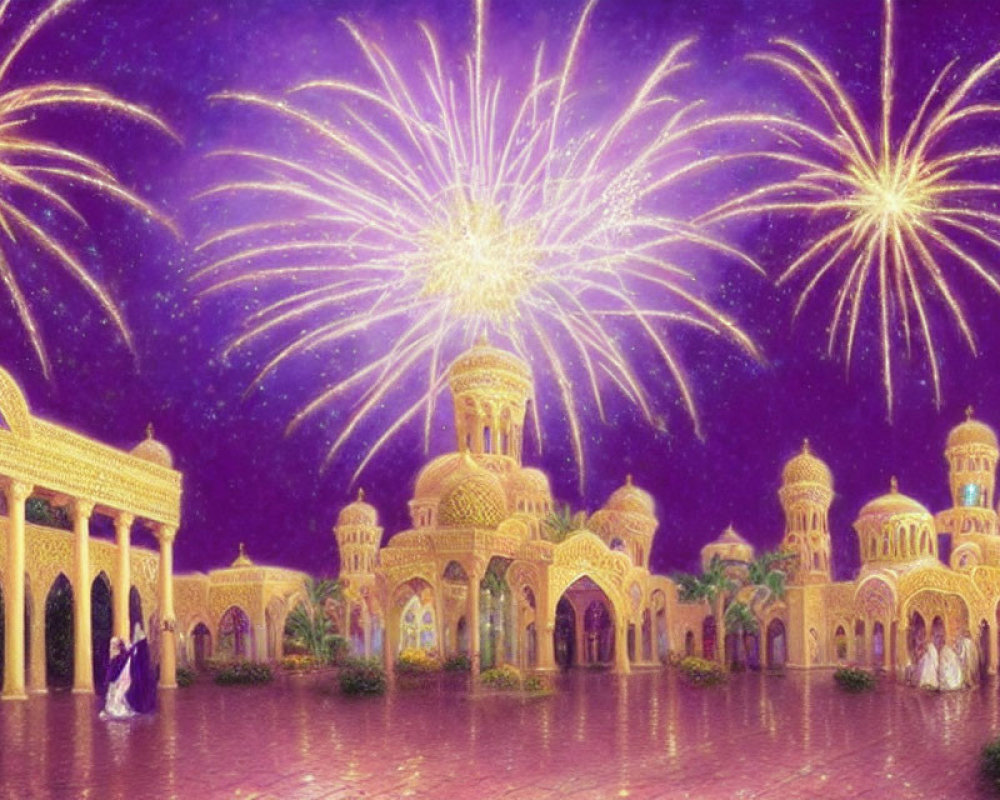 Vibrant Arabian night scene with fireworks over golden buildings