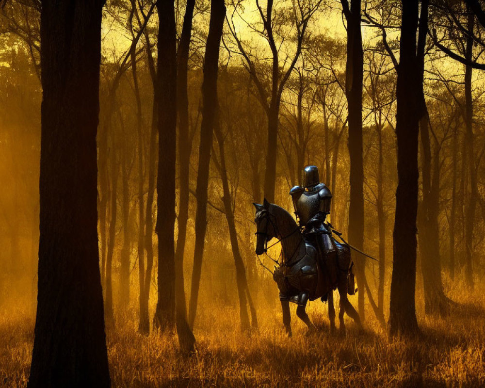 Knight in full armor riding horse through sunlit, misty forest