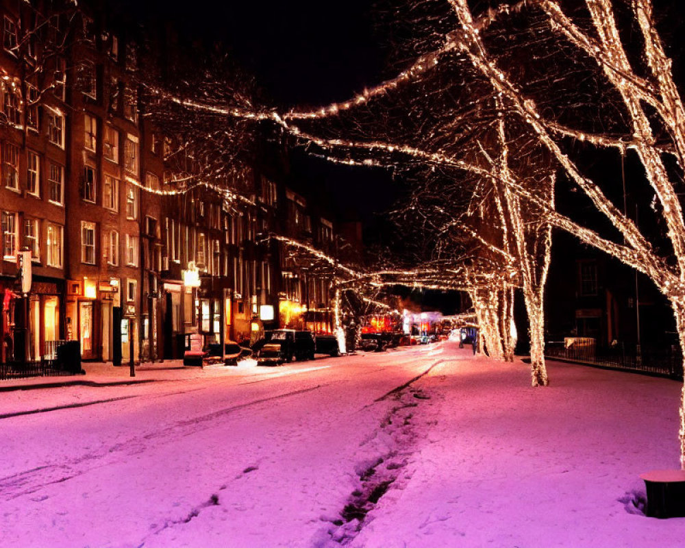 Snowy Night Street Scene with Twinkling Lights and Festive Ambiance