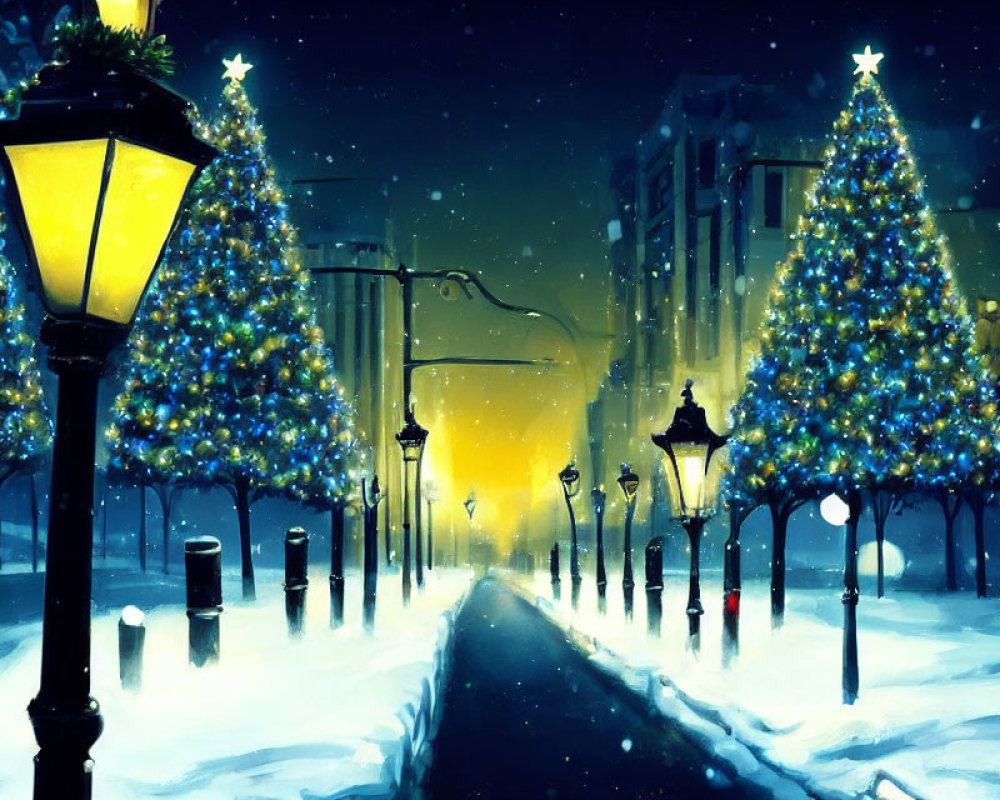 Snowy City Night Scene: Illuminated Street Lamps and Decorated Trees