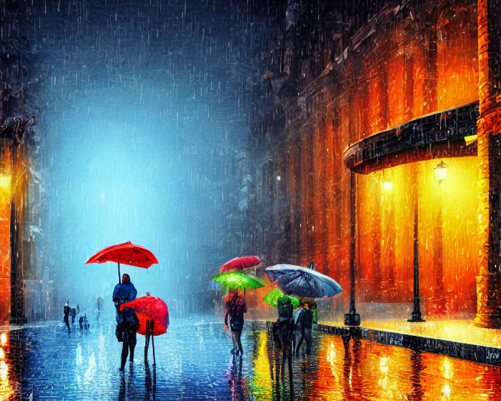 Colorful umbrellas illuminate rainy city street at night