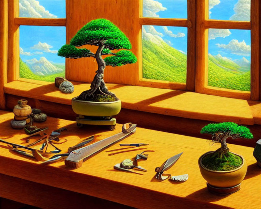 Bonsai trees on sunlit table with gardening tools and scenic landscape view