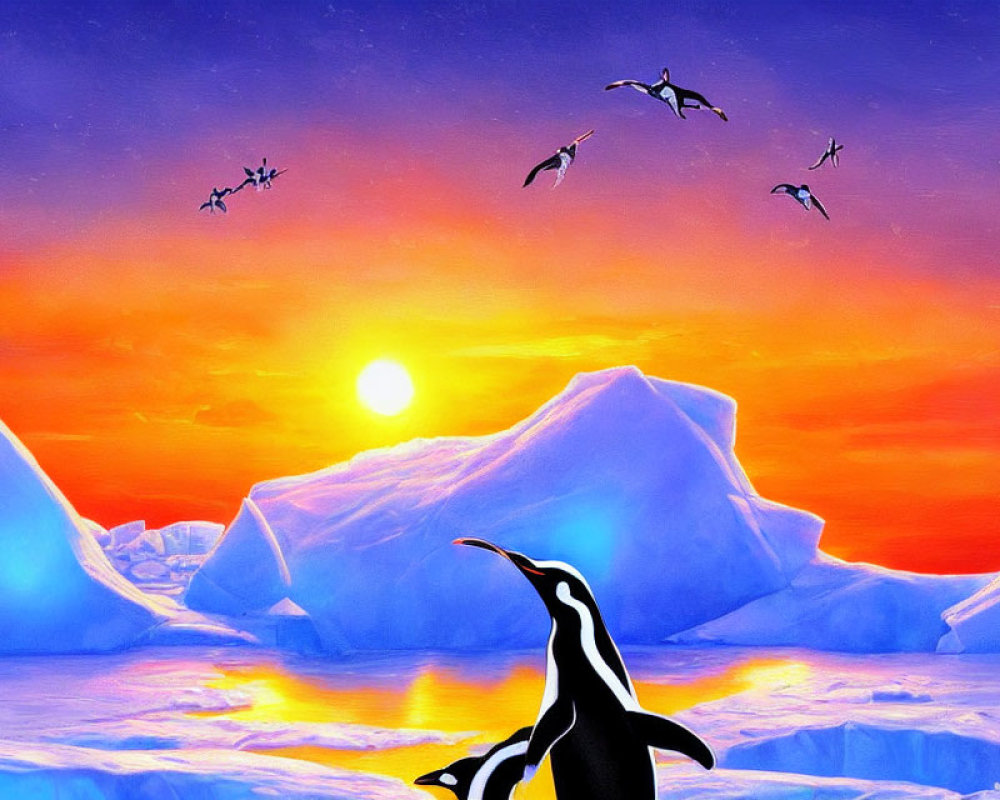 Colorful sunset sky over silhouetted penguins and icebergs with flying birds