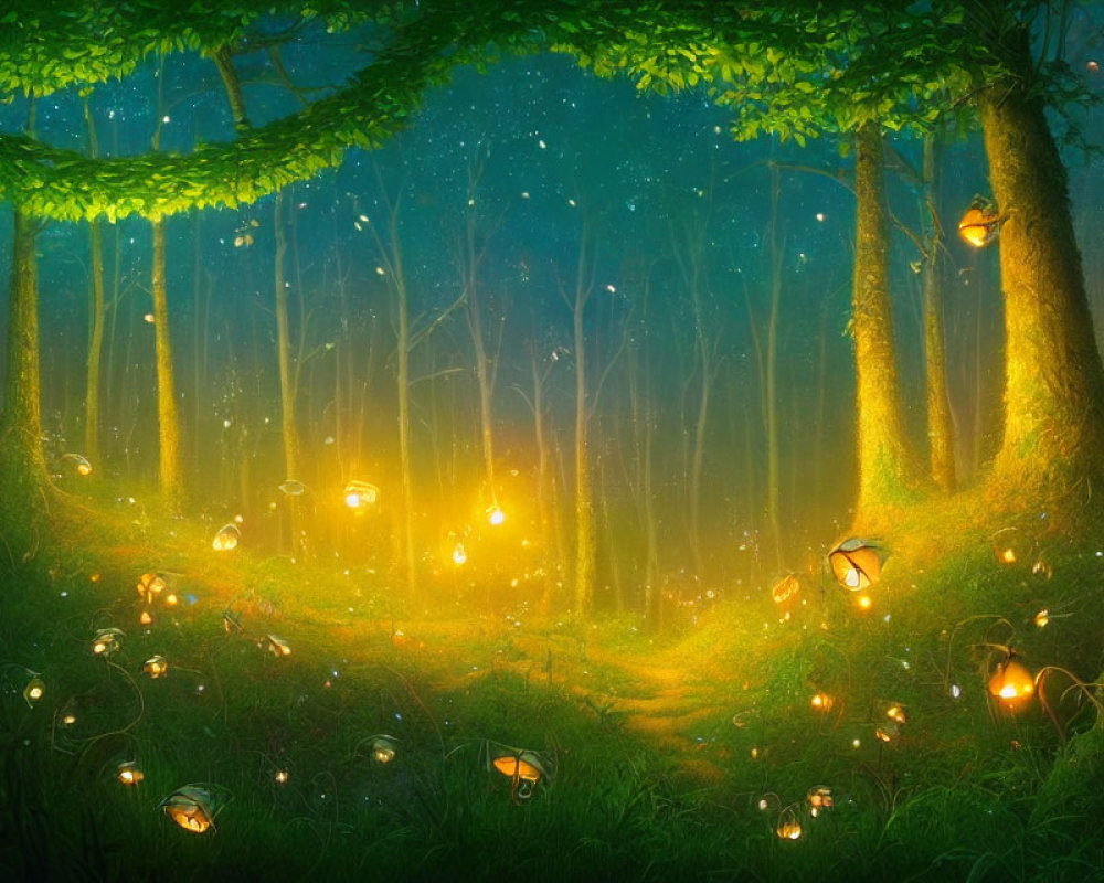 Enchanting forest path with glowing lanterns and fireflies