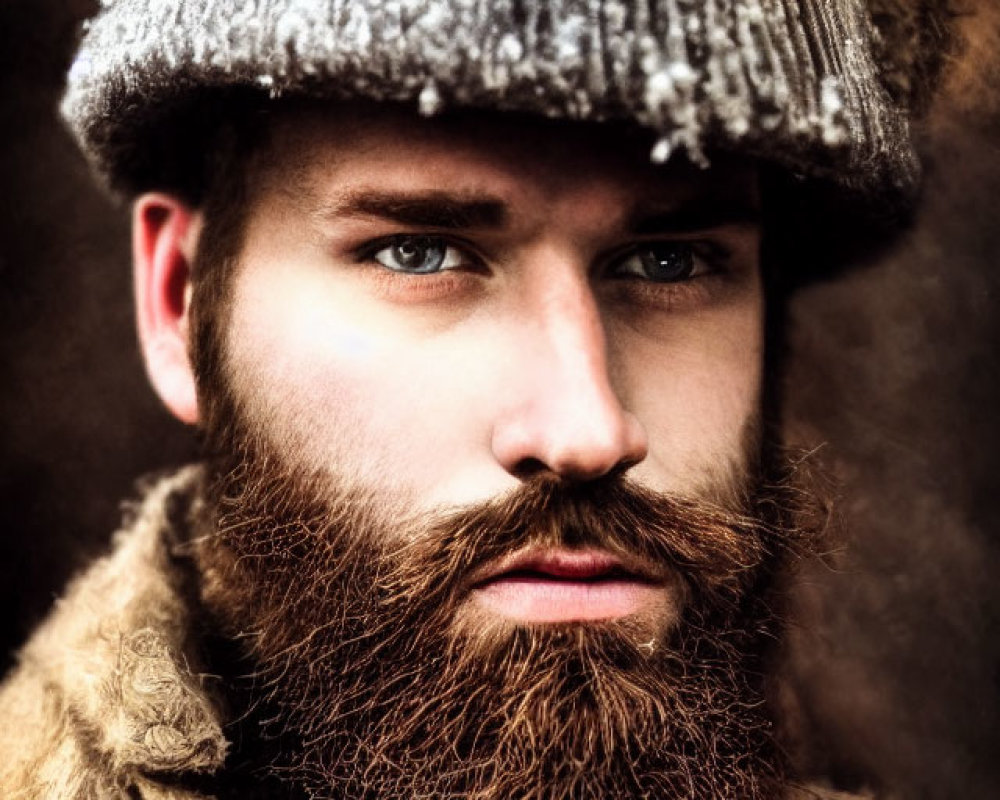 Intense-eyed bearded man in textured hat and fur-lined coat portrait.